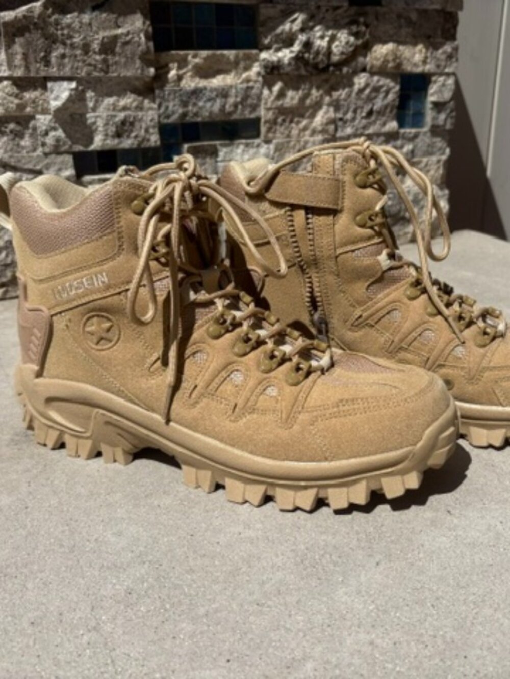 Loosein Men’s Tactical Lace, Side Zip Ankle Support Tan Hiking Boots Size EU 44